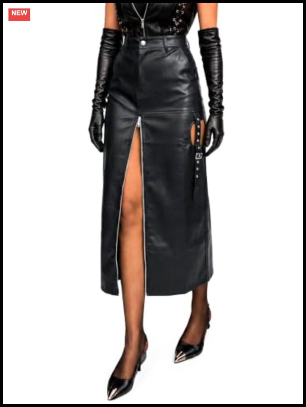 Faux Leather Maxi Skirt High Waist Zip Slit A-Line Long Skirt
